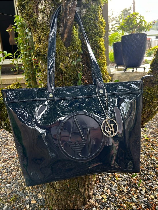 Armani Jeans Handbags - Armani Jeans Blue Patent Leather Logo Tote with Charm